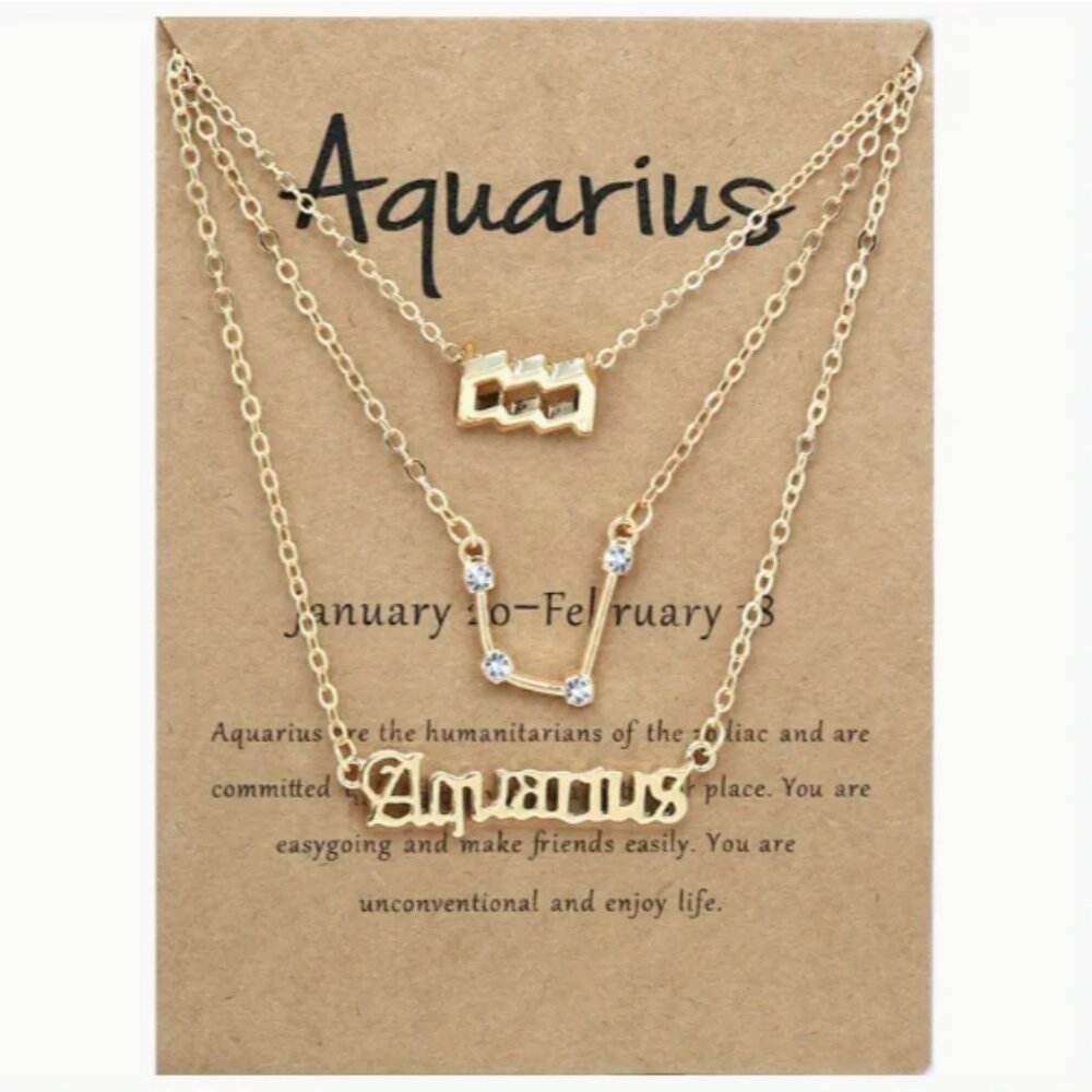 🍏50% OFF/3+..♒ 3 pc zodiac Aquarius link chain layered necklace set (Gold tone)